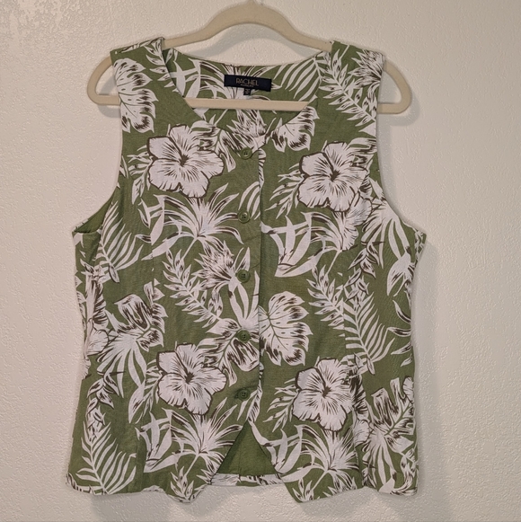 RACHEL Rachel Roy Tops - Rachel Roy Olive and White Linen Blend Sleeveless Top